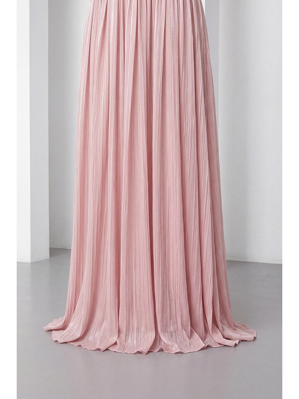 Pembe Kadın Pudra Bisiklet Yaka Pileli Uzun Davet Elbisesi-3