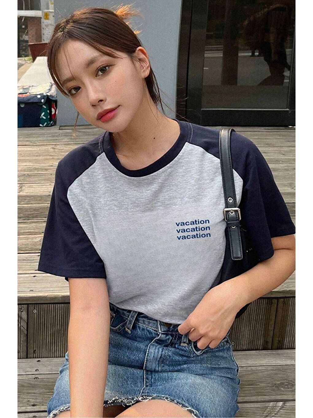 Vocation Parçalı Süprem T Shirt   Gri Lacivert Baskılı Oversize Bisiklet Yaka Kısa Kol Tişört