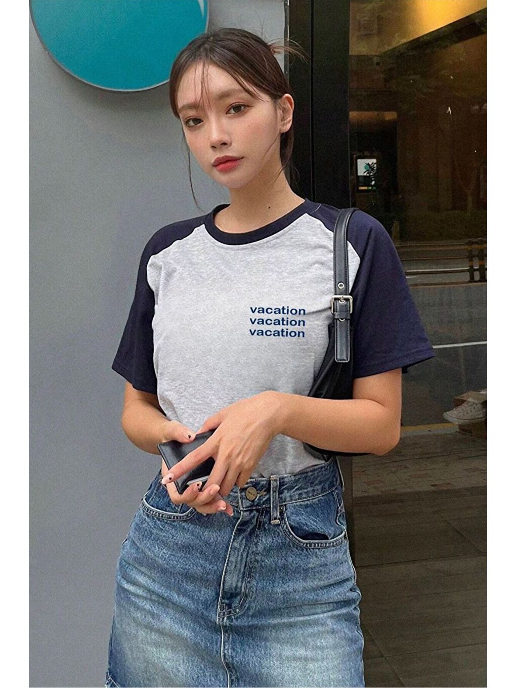 Vocation Parçalı Süprem T Shirt   Gri Lacivert Baskılı Oversize Bisiklet Yaka Kısa Kol Tişört-2