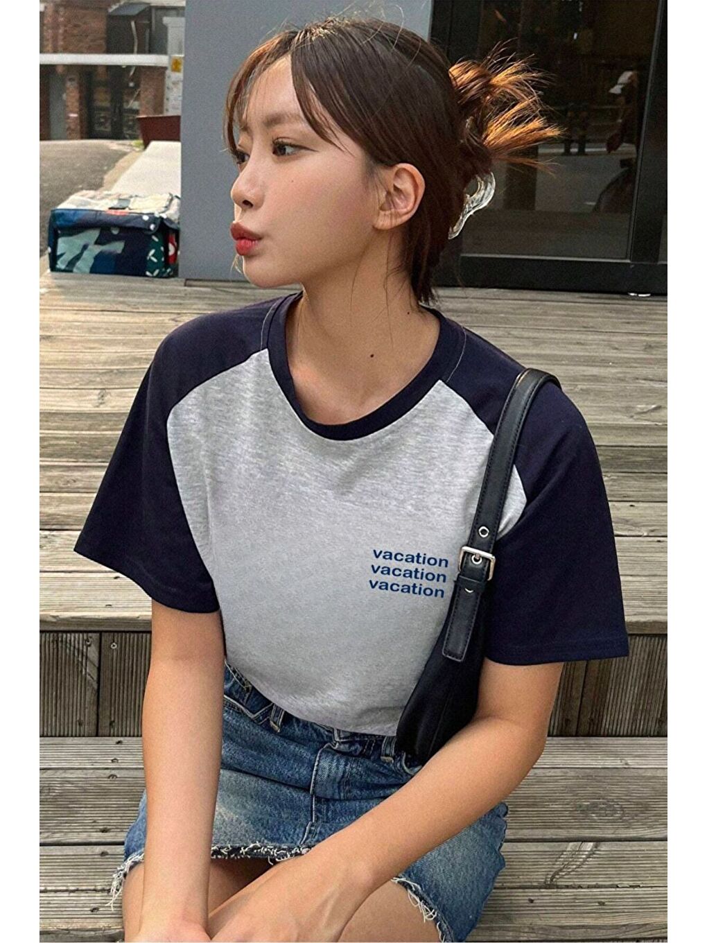 Vocation Parçalı Süprem T Shirt   Gri Lacivert Baskılı Oversize Bisiklet Yaka Kısa Kol Tişört-3