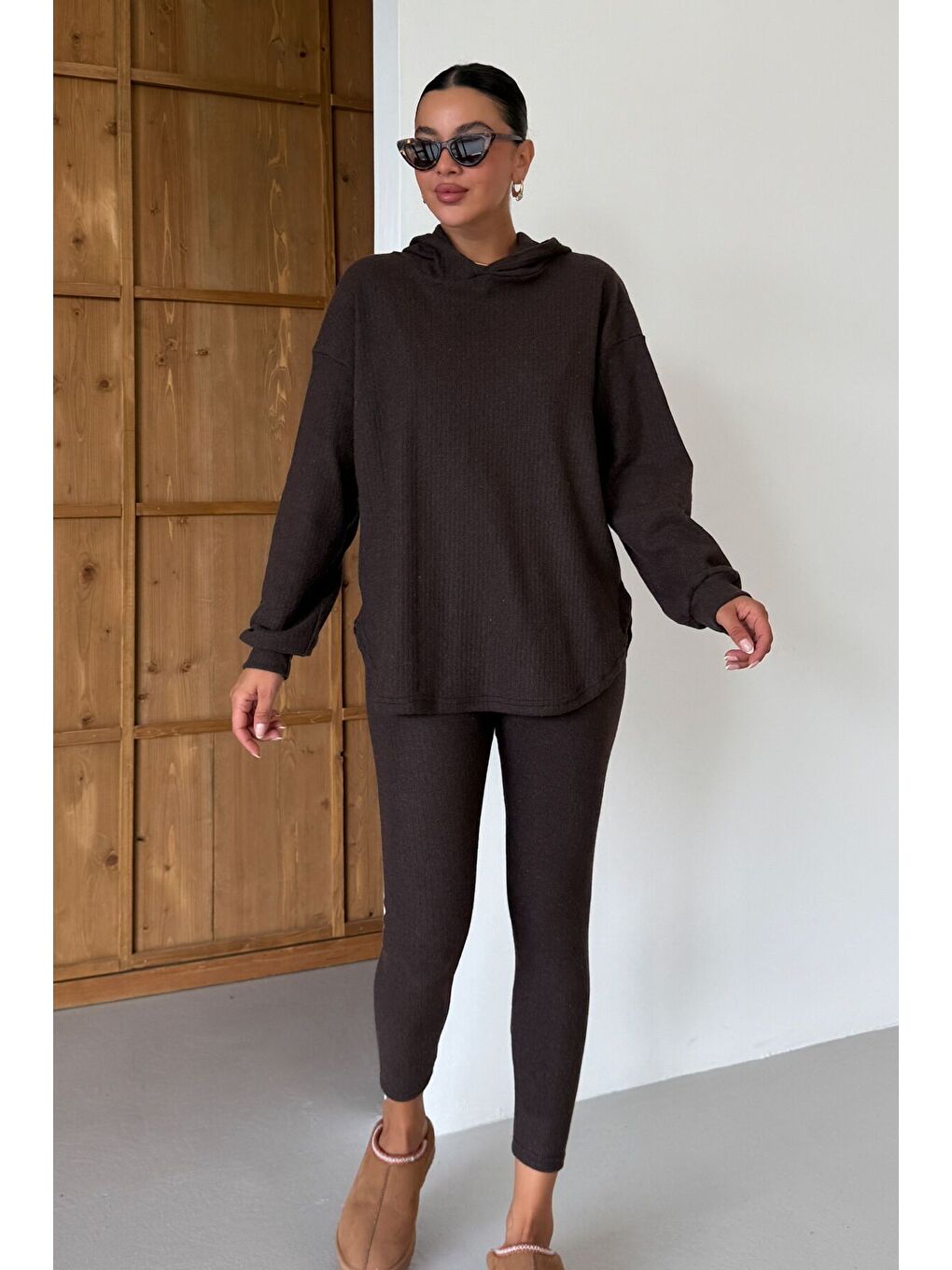 Kadın Kahverengi Oval Bel Detay Fitilli Kapüşonlu Taytlı İnterlok Takım-6