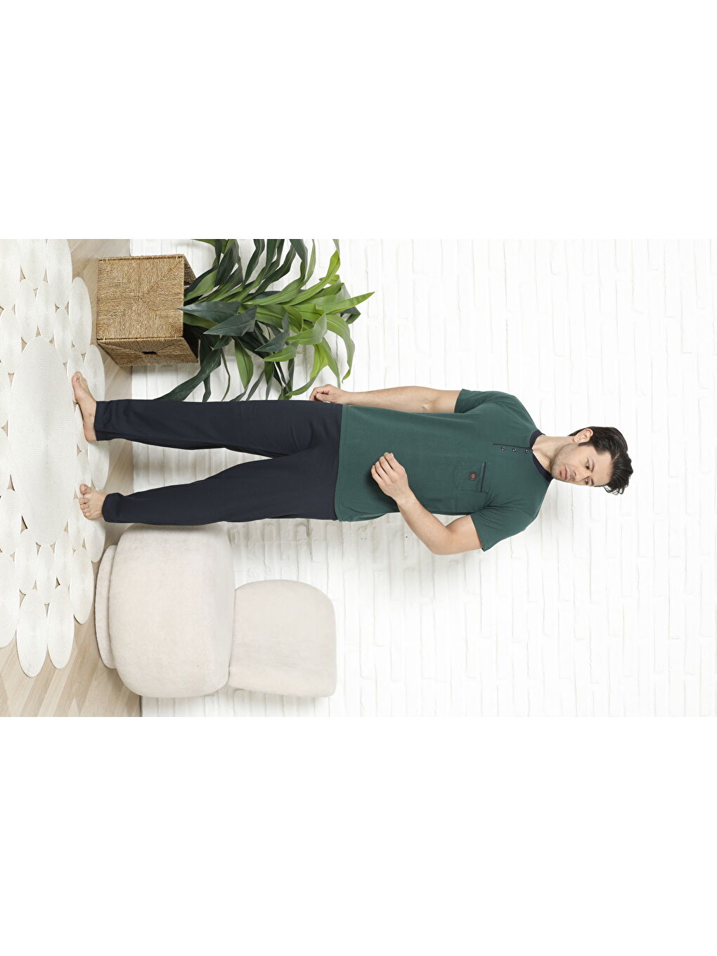 Petrol Erkek %100 Pamuklu Pijama Takımı-3 Düğmeli-Yaka Cepli 12384-3