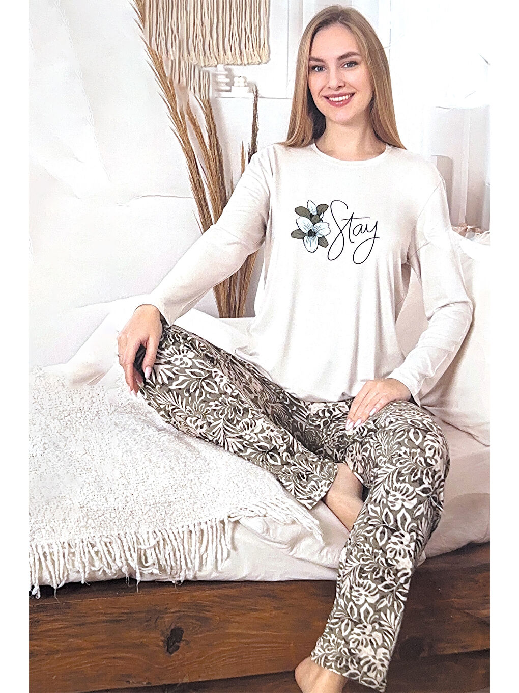 Büyük Beden Kadın Desenli Saphire Pijama Takımı 0487 Bej01-1