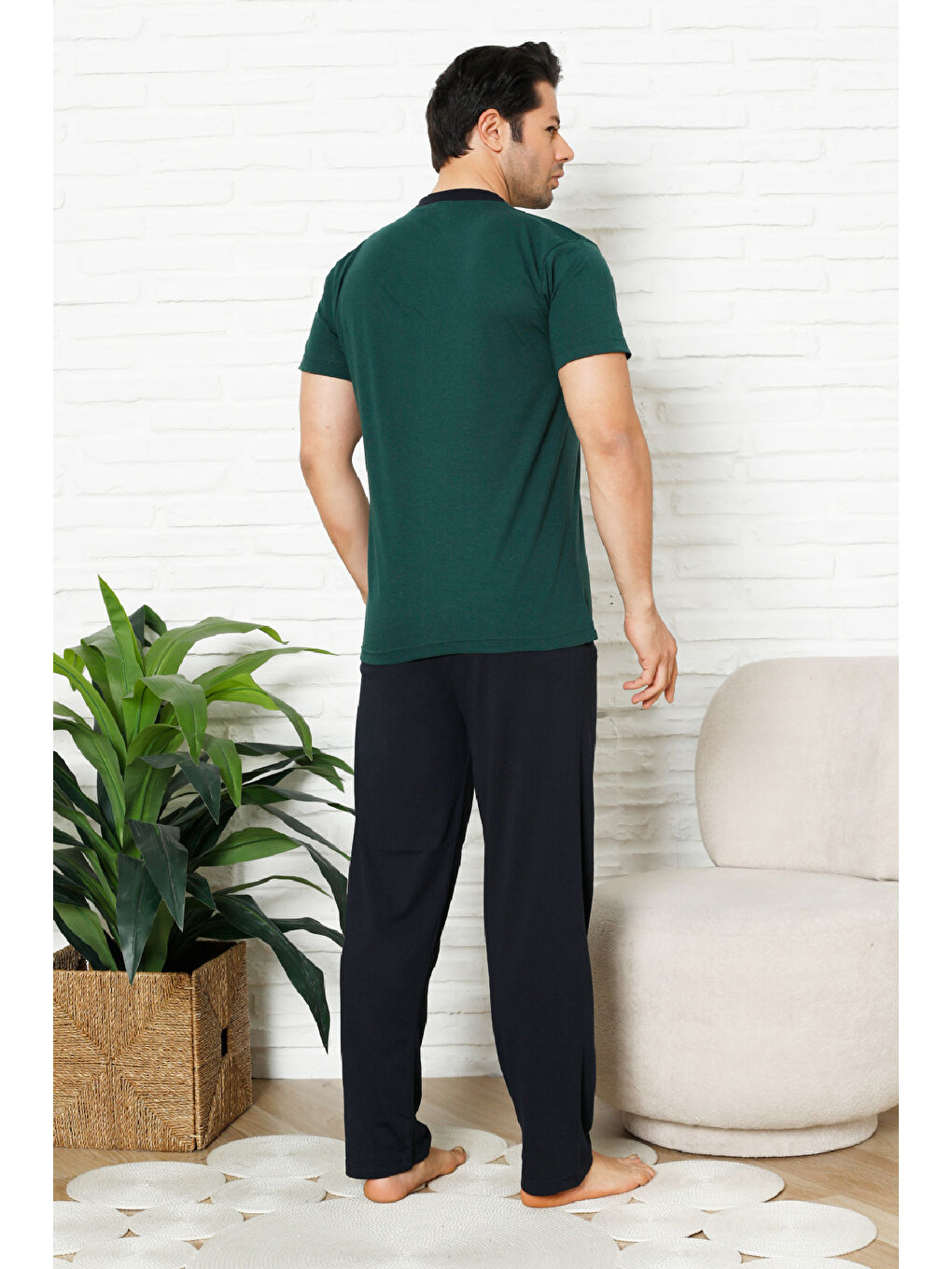 Petrol Erkek %100 Pamuklu Pijama Takımı-3 Düğmeli-Yaka Cepli 12384-4