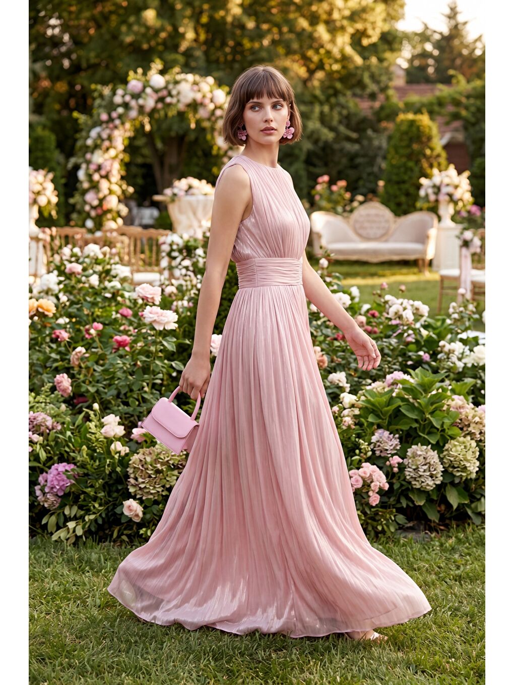 Pembe Kadın Pudra Bisiklet Yaka Pileli Uzun Davet Elbisesi-4