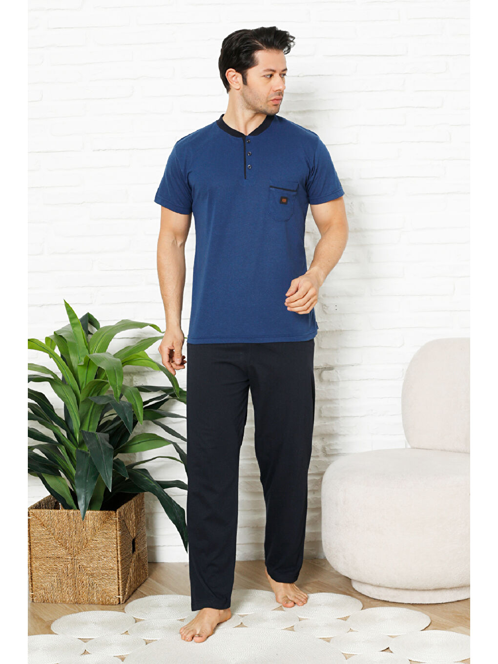 İndigo Erkek %100 Pamuklu Pijama Takımı-3 Düğmeli-Yaka Cepli 12384-2