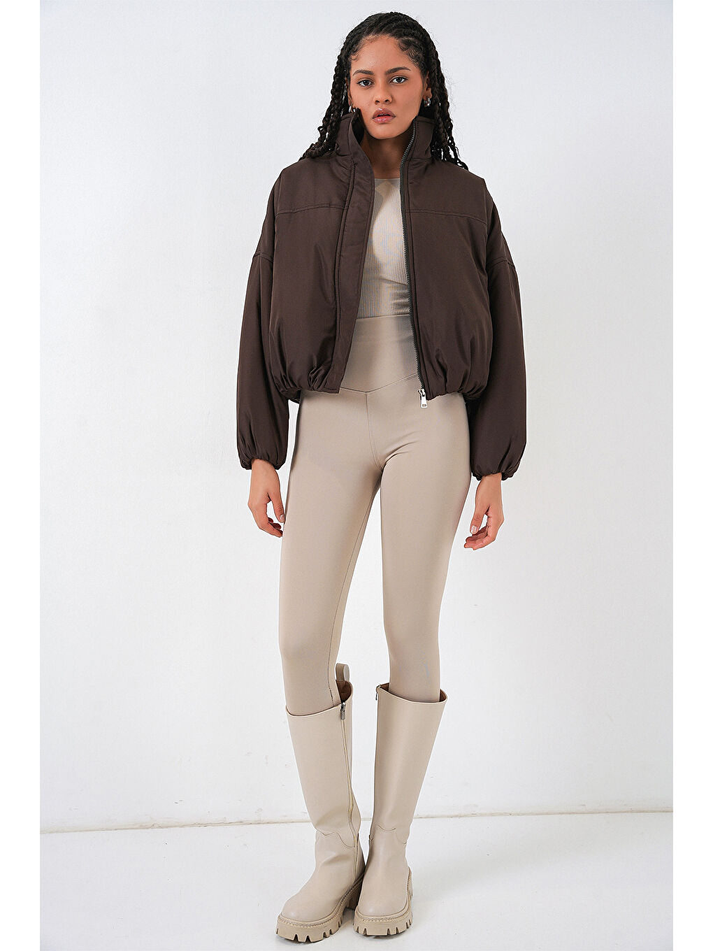 Kadın Oversize Bomber Şişme Mont 5124 - Kahverengi-1