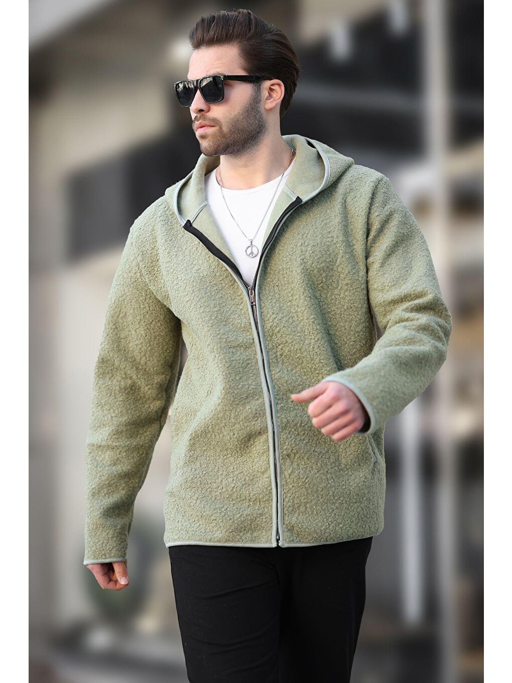 Yeşil Fermuarlı Pelüş Erkek Hırka E7080-1