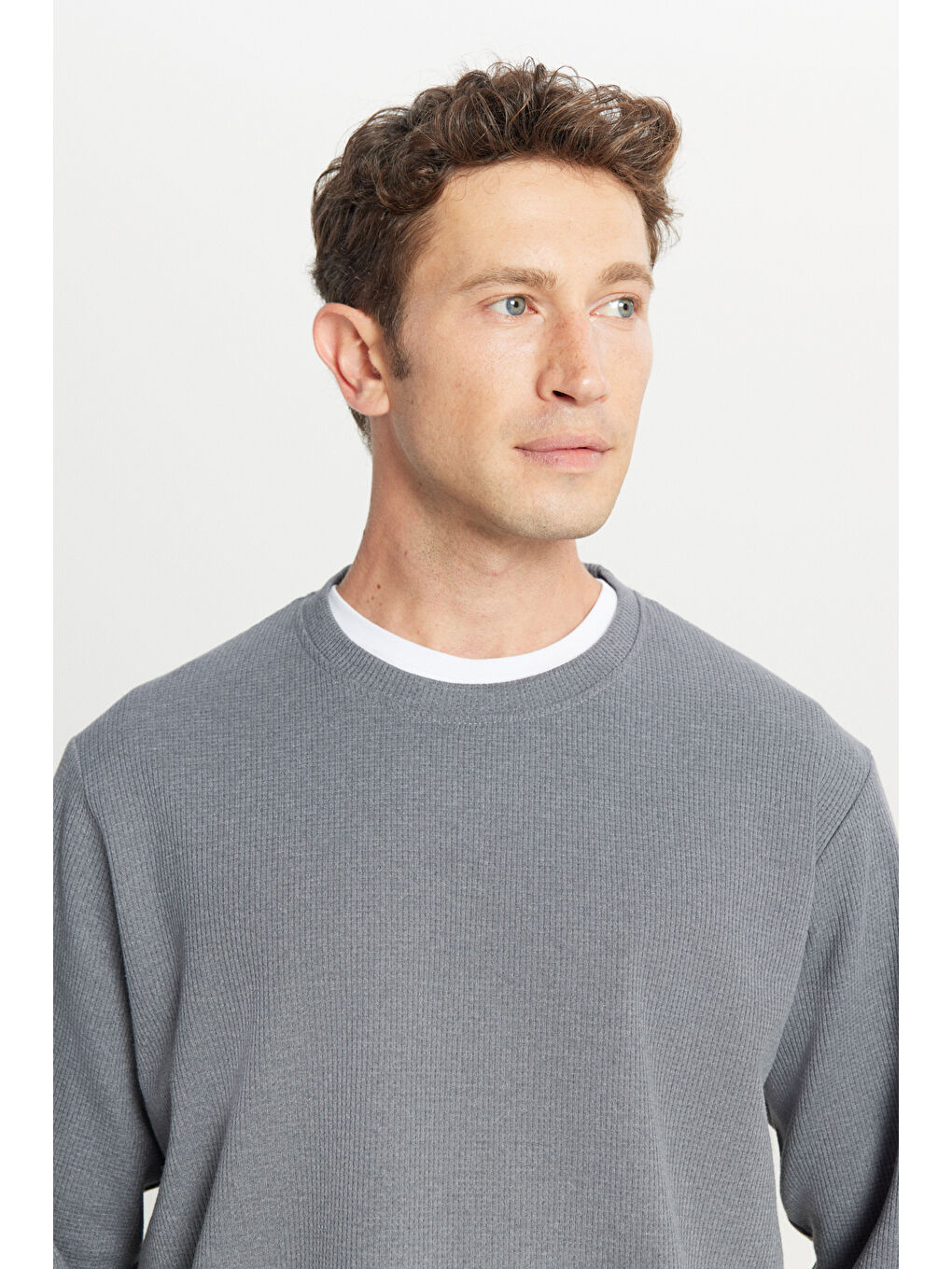 Erkek Gri Pamuklu Standart Fit Normal Kesim Bisiklet Yaka Sweatshirt-3