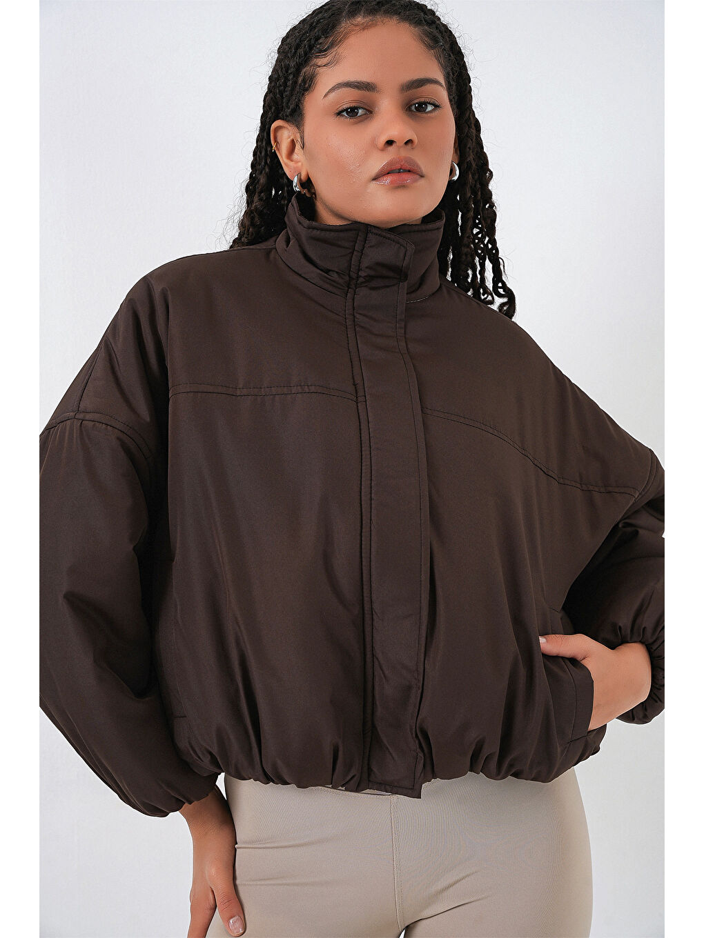 Kadın Oversize Bomber Şişme Mont 5124 - Kahverengi-2
