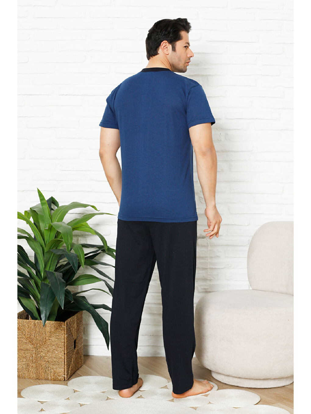 İndigo Erkek %100 Pamuklu Pijama Takımı-3 Düğmeli-Yaka Cepli 12384-3