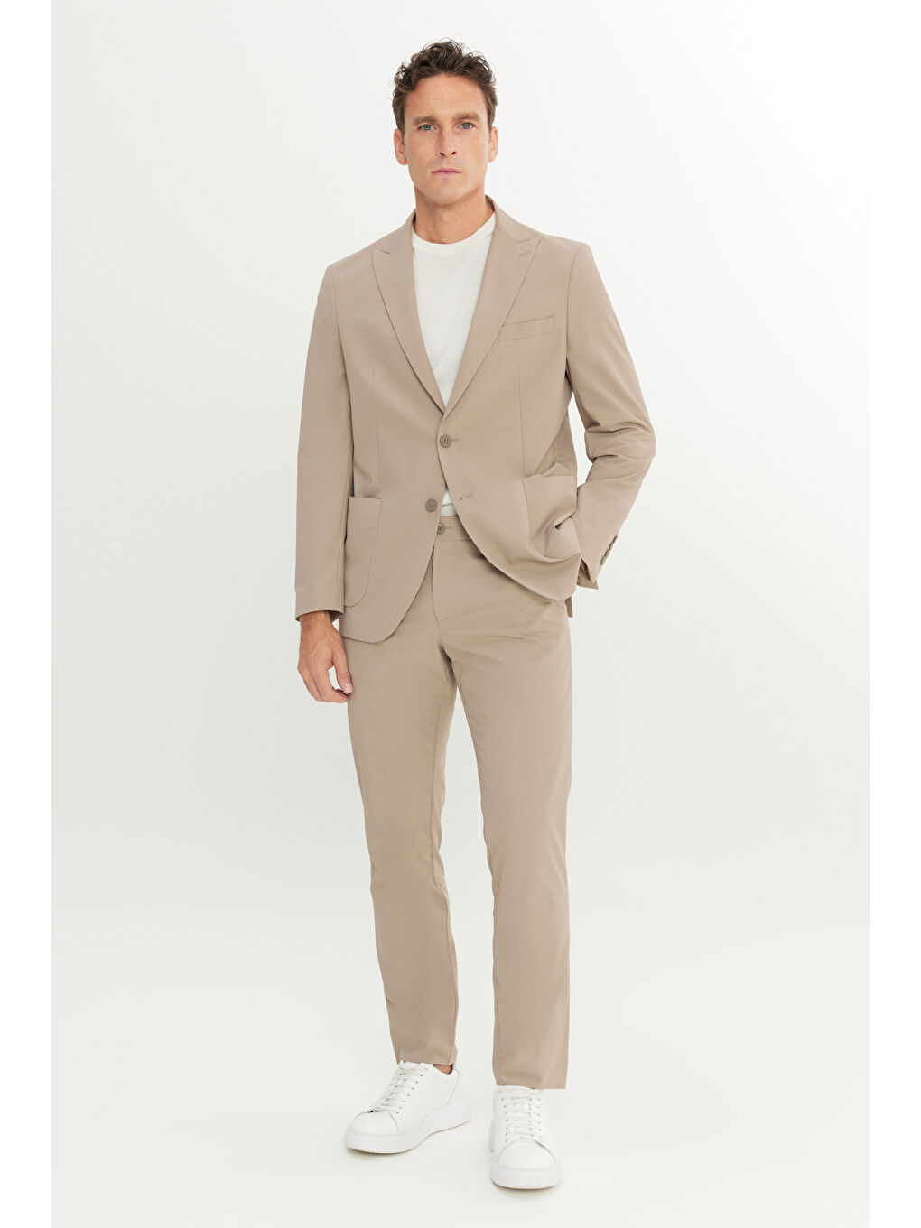 Erkek Bej Slim Fit Dar Kesim Mono Yaka Beli Bağlamalı Kapak Cepli Esnek Takım Elbise-2