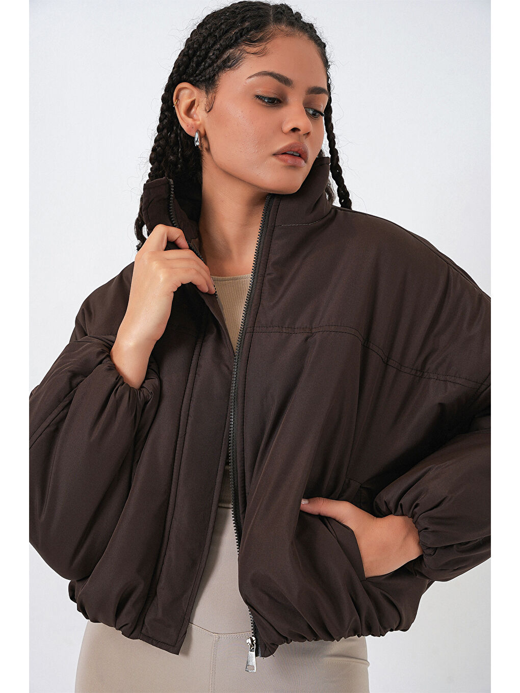 Kadın Oversize Bomber Şişme Mont 5124 - Kahverengi-3