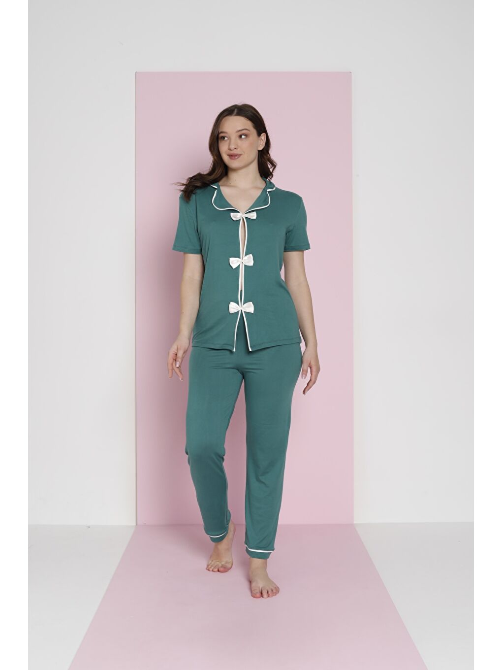 Bej Bamboo Fiyonklu Pijama Takımı 7058-6