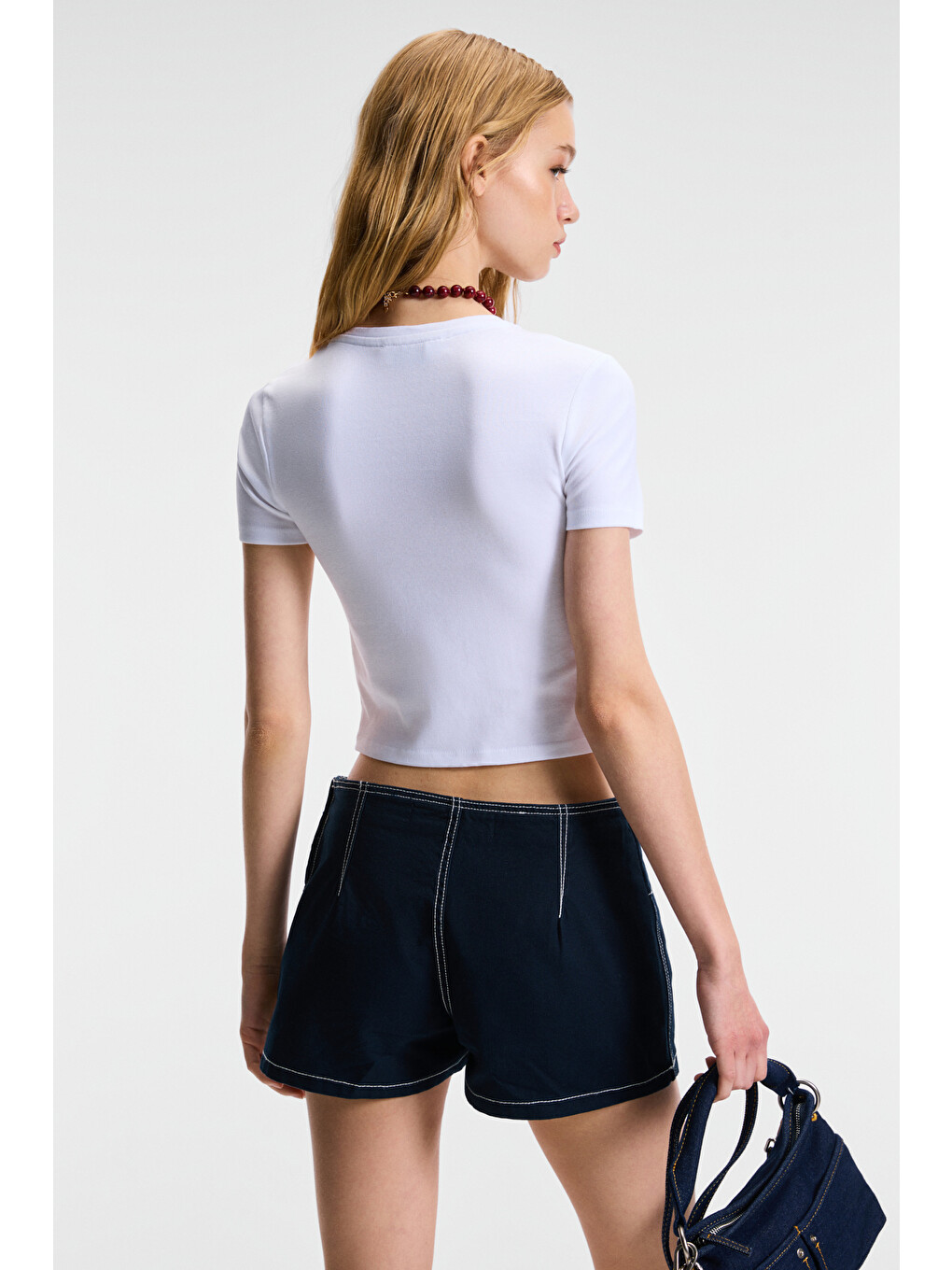 Velına Kadın Bisiklet Yaka Kısa Kollu Önü Baskılı Slim Beyaz T-shirt-5