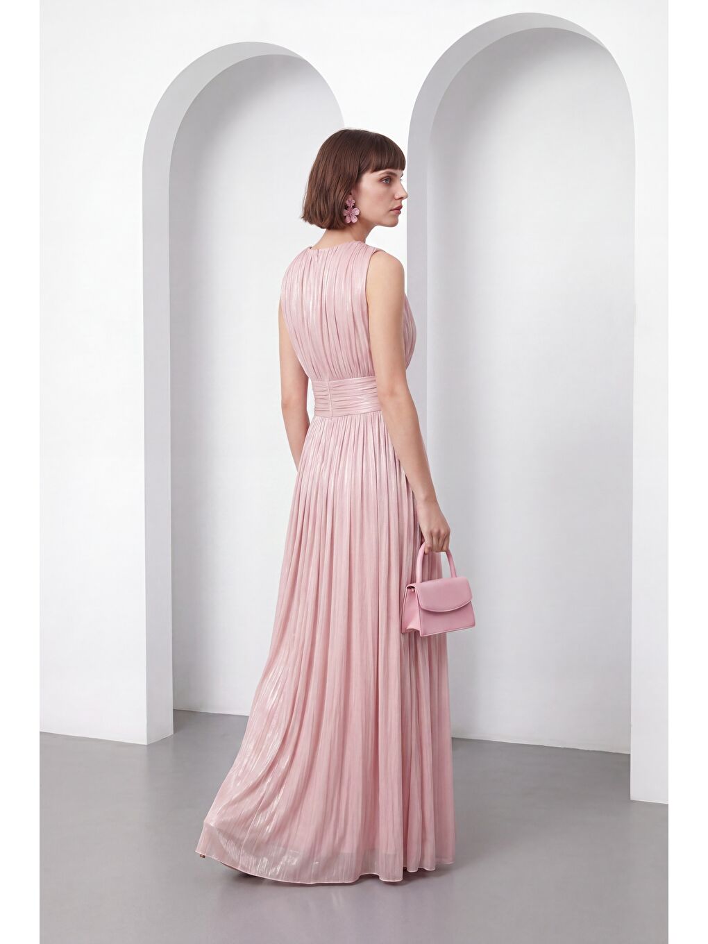 Pembe Kadın Pudra Bisiklet Yaka Pileli Uzun Davet Elbisesi-5