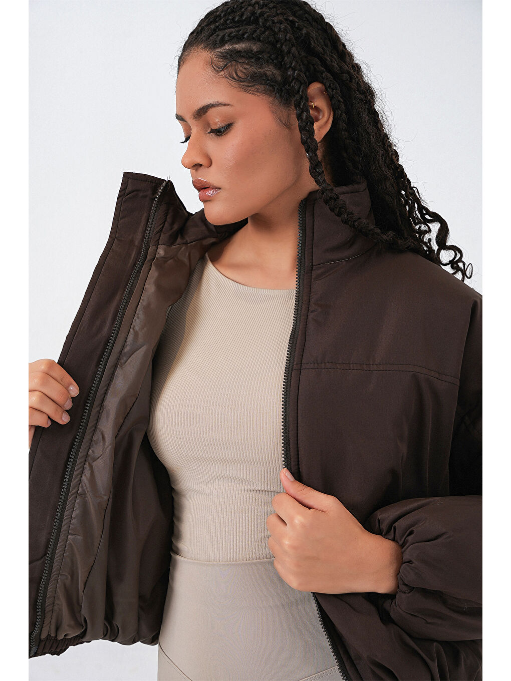 Kadın Oversize Bomber Şişme Mont 5124 - Kahverengi-4