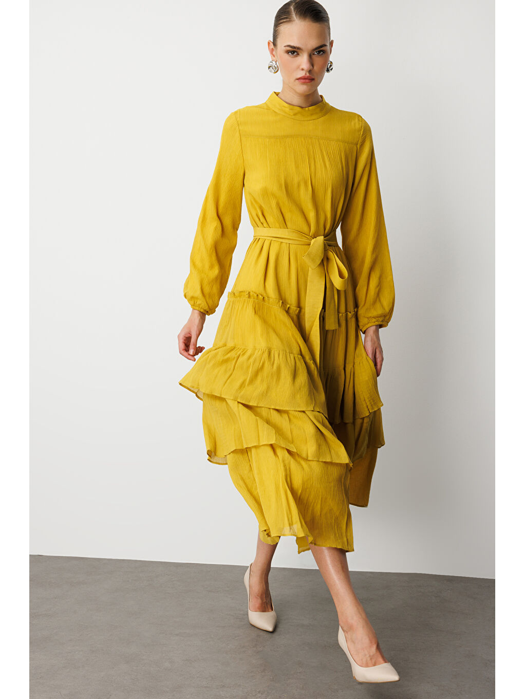 Hardal Kat Pileli Maksi Koyu Sarı Elbise-1