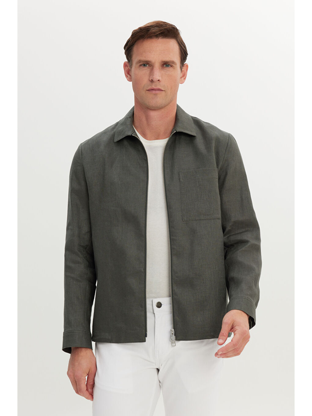 Erkek Haki %100 Keten Relax Fit Rahat Kesim Gömlek Yaka Yan Cepli Gömlek Ceket