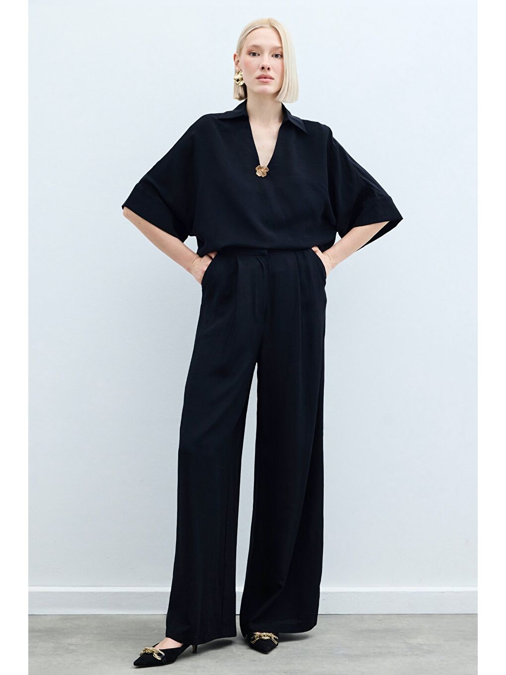 Keten Karışımlı Pantolon - Siyah-1