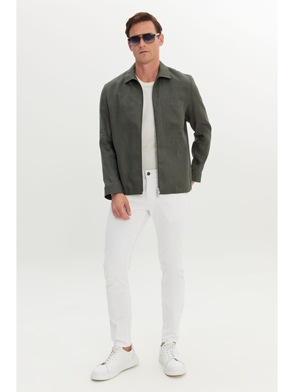 Erkek Haki %100 Keten Relax Fit Rahat Kesim Gömlek Yaka Yan Cepli Gömlek Ceket-1
