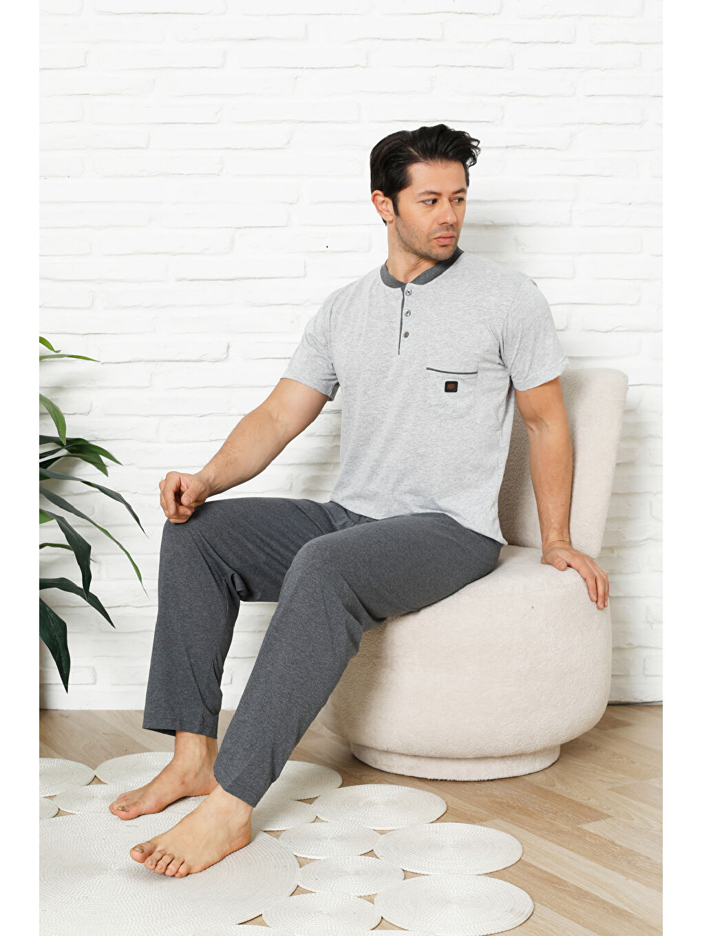 Gri Erkek %100 Pamuklu Pijama Takımı-3 Düğmeli-Yaka Cepli 12384-1