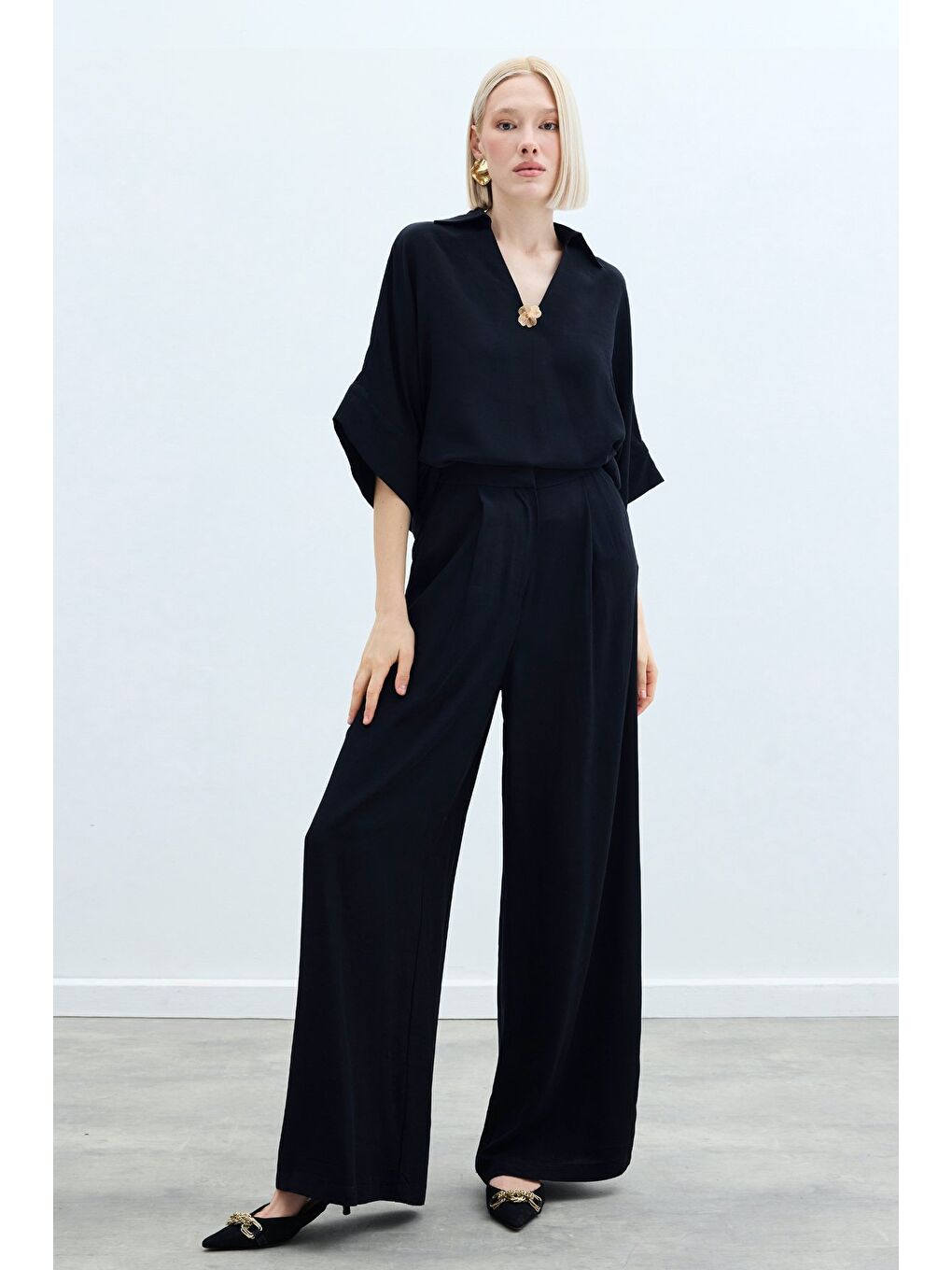 Keten Karışımlı Pantolon - Siyah-2