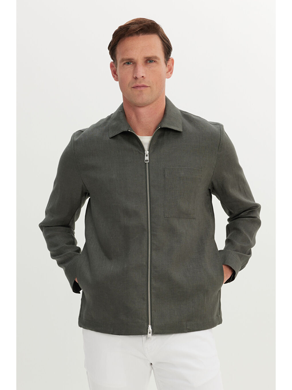 Erkek Haki %100 Keten Relax Fit Rahat Kesim Gömlek Yaka Yan Cepli Gömlek Ceket-2
