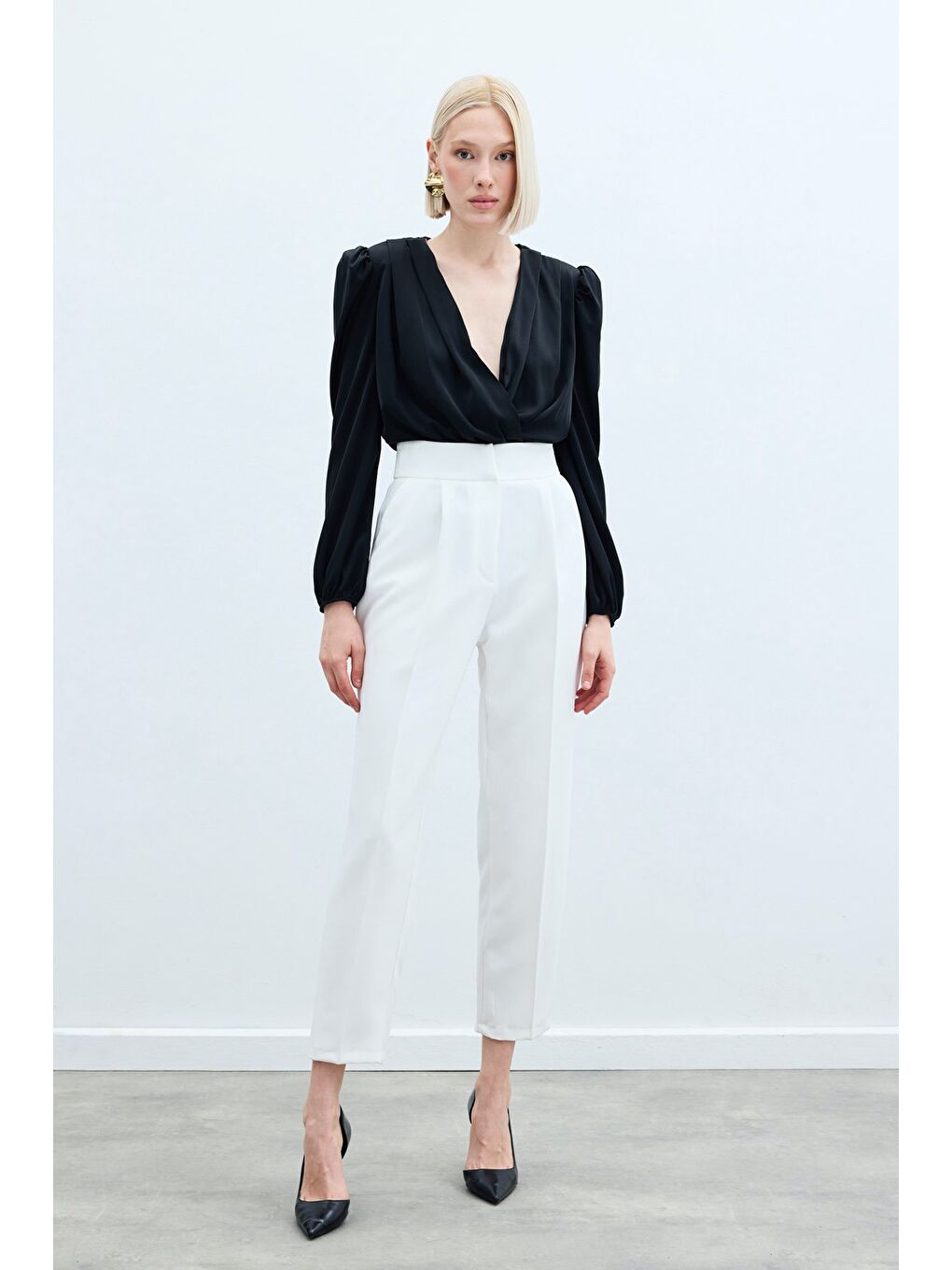 Yüksek Bel Klasik Pantolon - Ekru-1