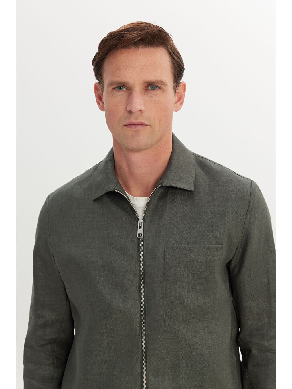 Erkek Haki %100 Keten Relax Fit Rahat Kesim Gömlek Yaka Yan Cepli Gömlek Ceket-3