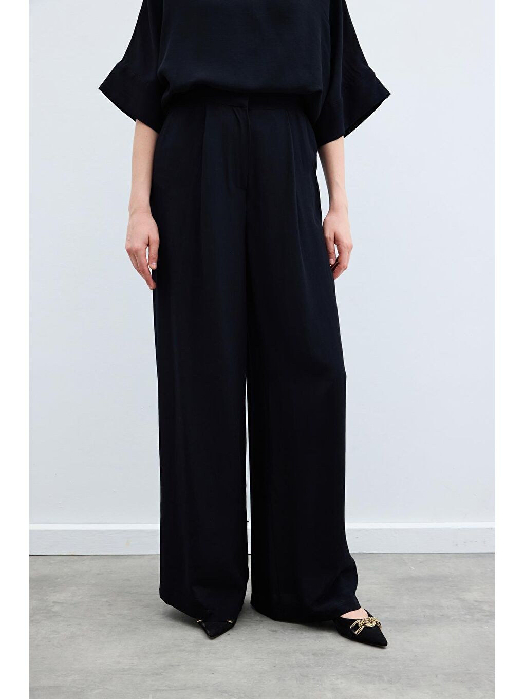 Keten Karışımlı Pantolon - Siyah-4