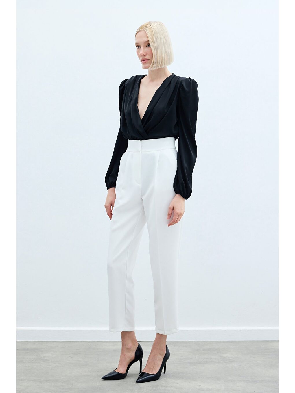 Yüksek Bel Klasik Pantolon - Ekru-3