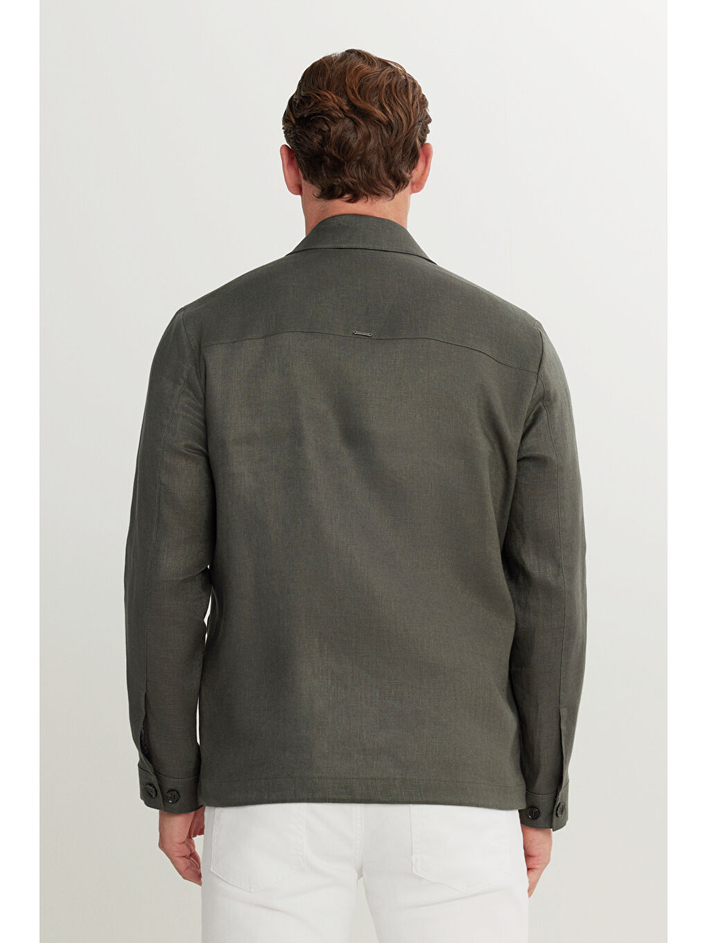 Erkek Haki %100 Keten Relax Fit Rahat Kesim Gömlek Yaka Yan Cepli Gömlek Ceket-4