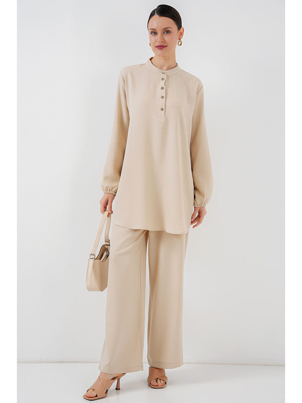 Ekru 6678 Keten Tunik Pantolon İkili Takım - Krem-1