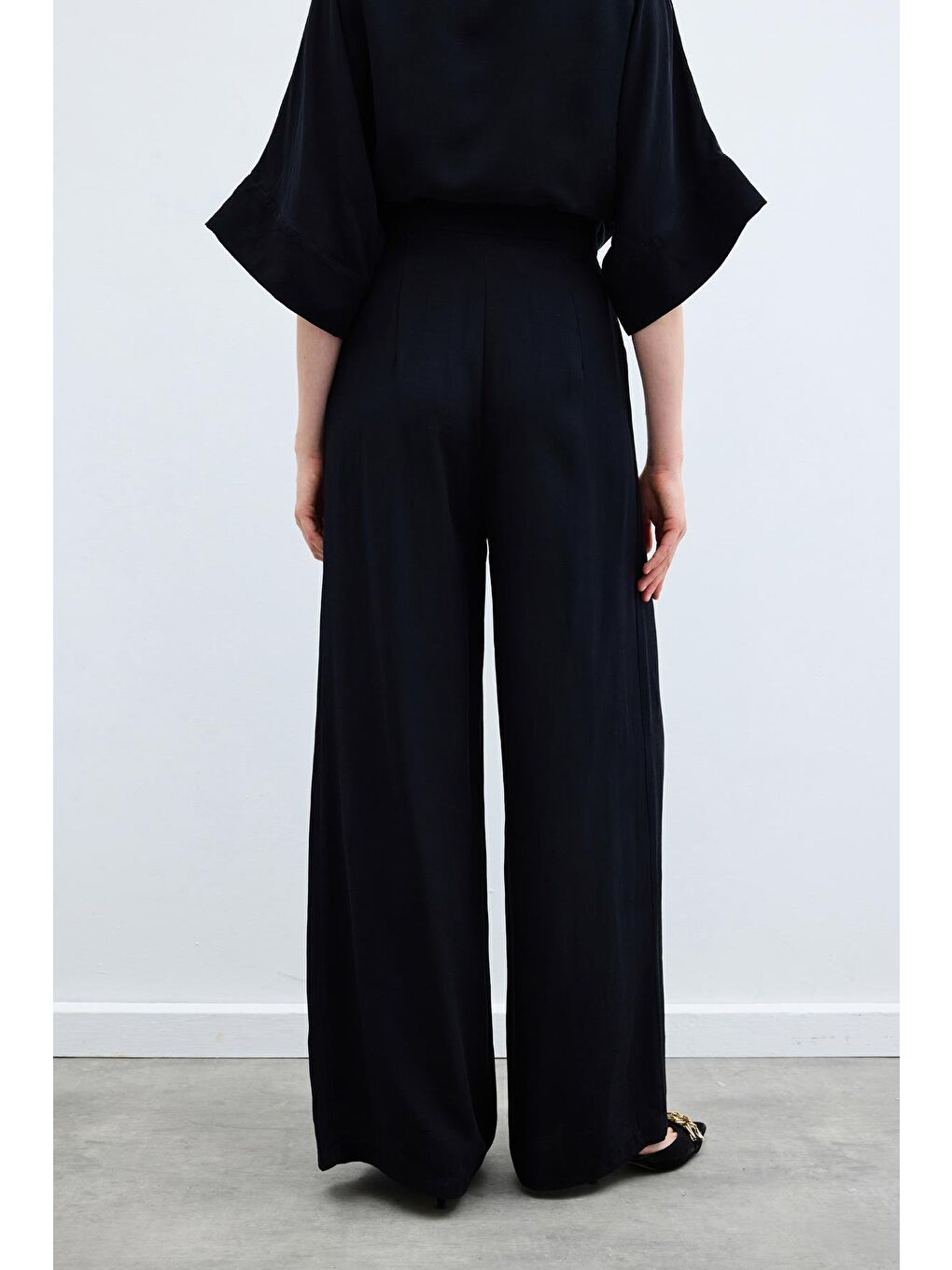 Keten Karışımlı Pantolon - Siyah-5