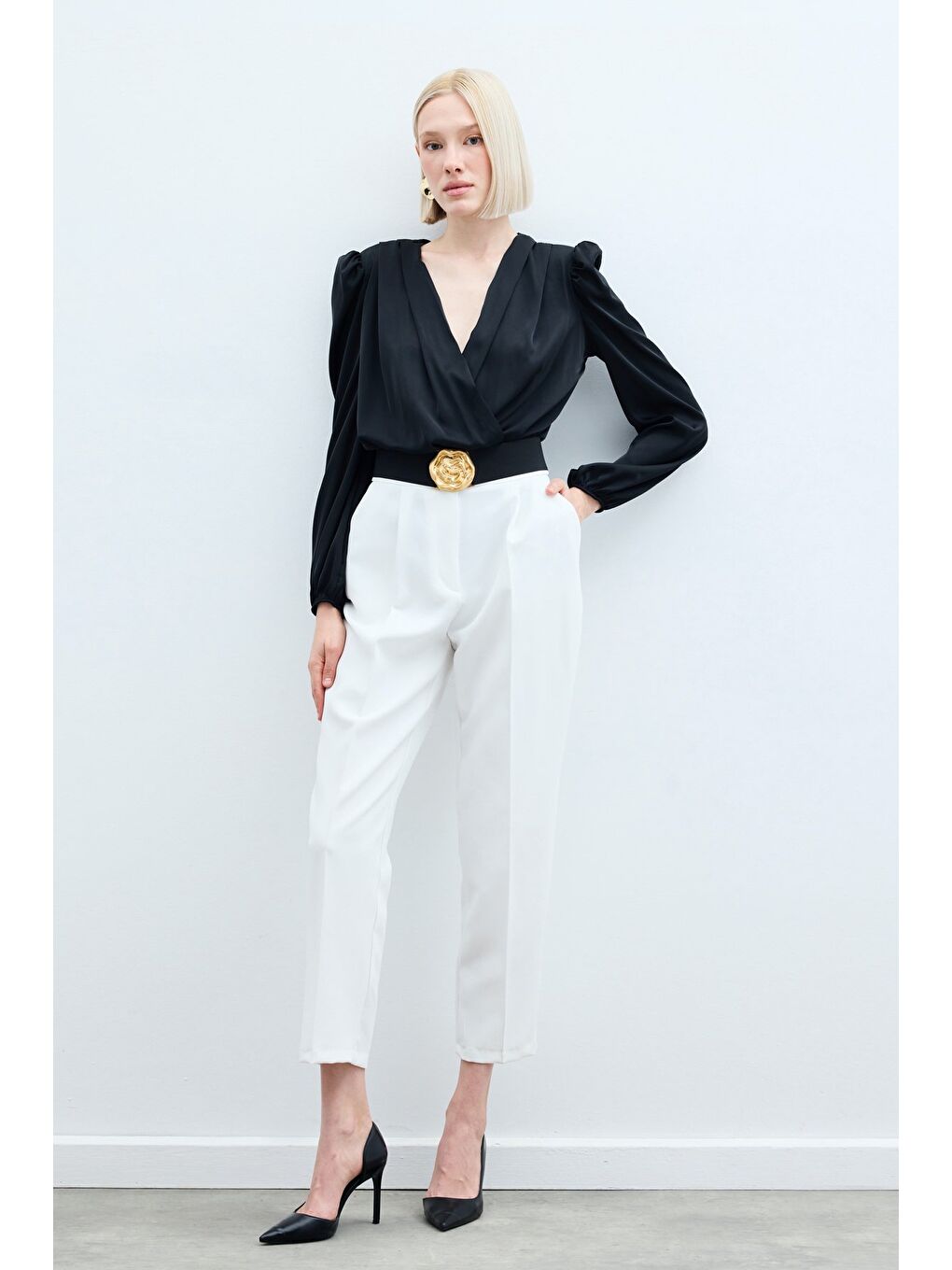 Yüksek Bel Klasik Pantolon - Ekru-4