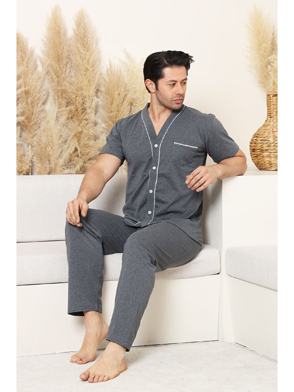 Gri Erkek Boydan Düğmeli %100 Pamuklu Pijama Takımı 12385-1