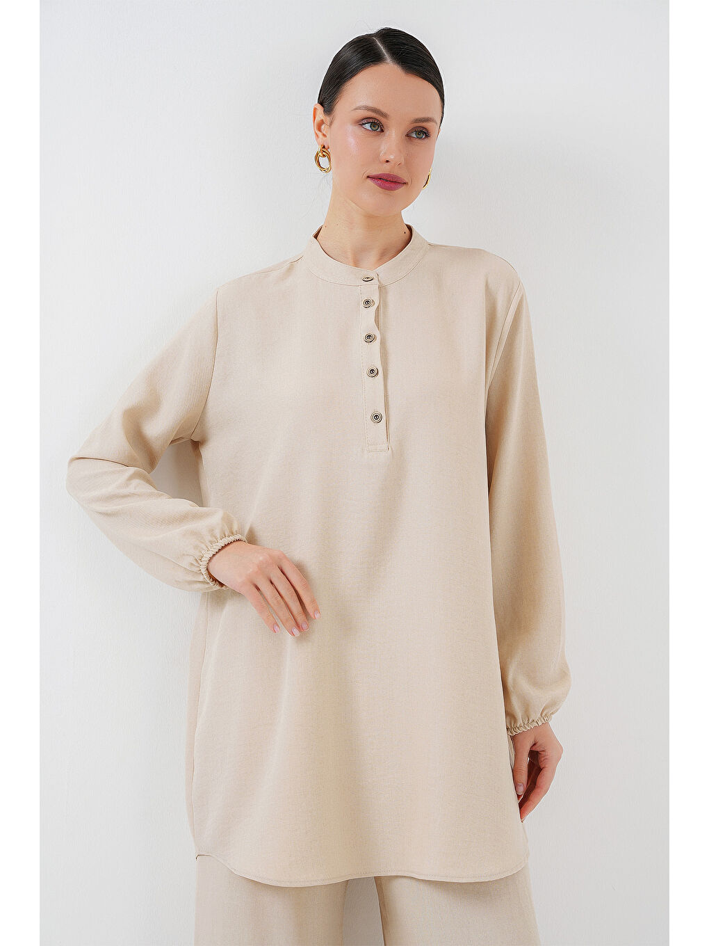 Ekru 6678 Keten Tunik Pantolon İkili Takım - Krem-2