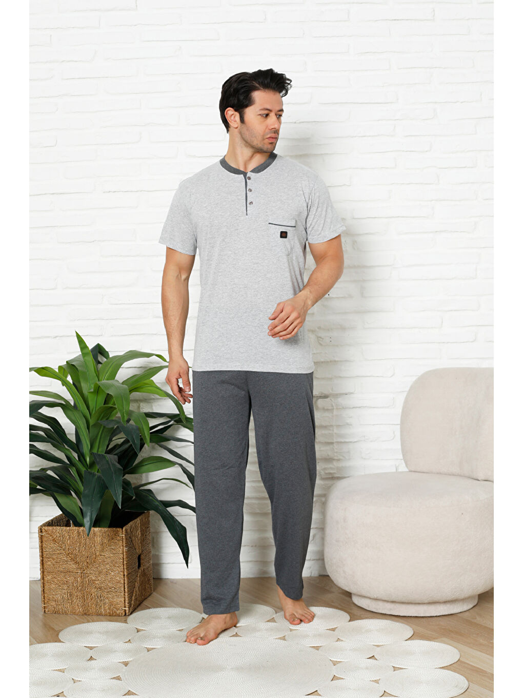 Gri Erkek %100 Pamuklu Pijama Takımı-3 Düğmeli-Yaka Cepli 12384-2