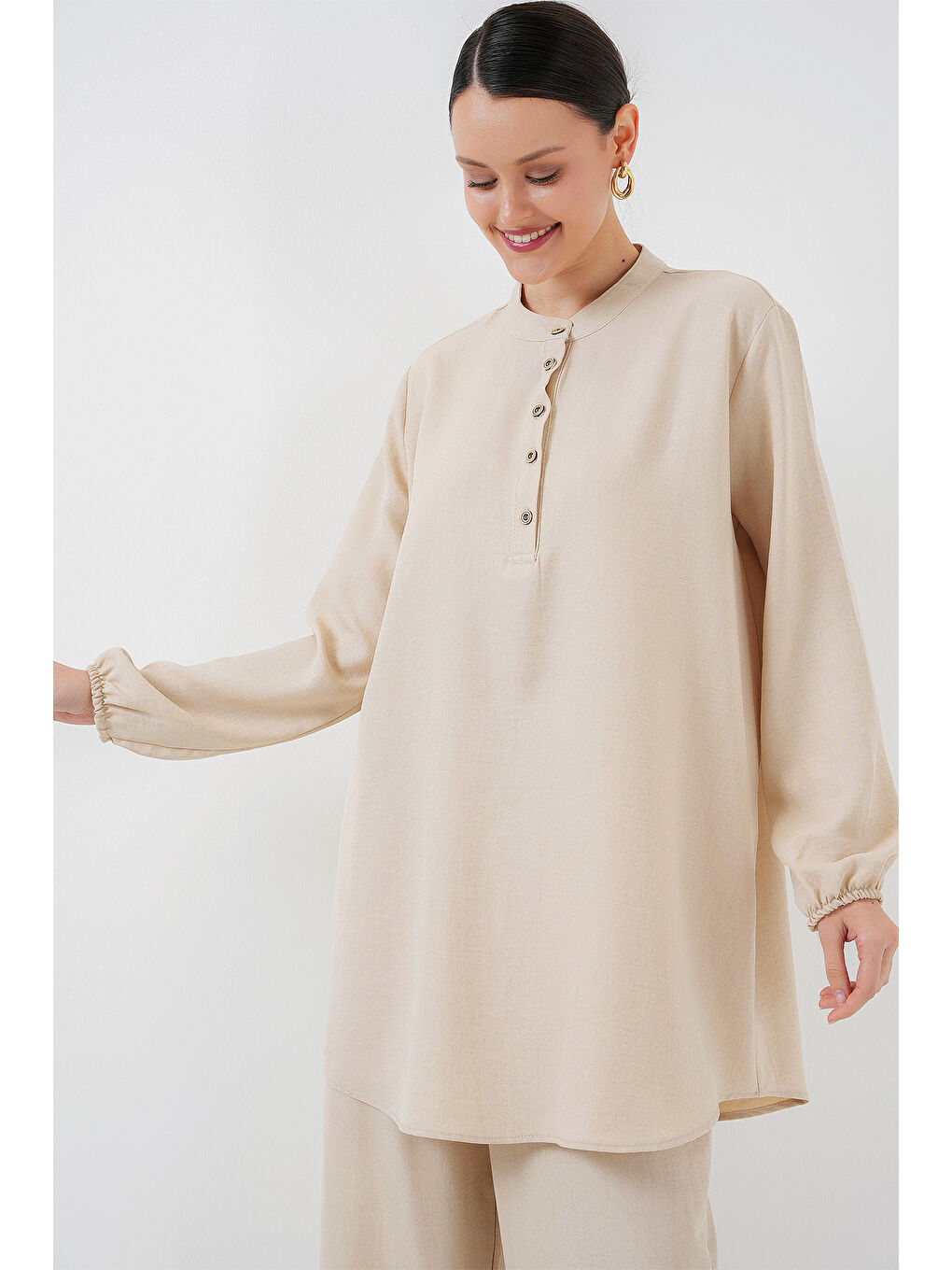 Ekru 6678 Keten Tunik Pantolon İkili Takım - Krem-3