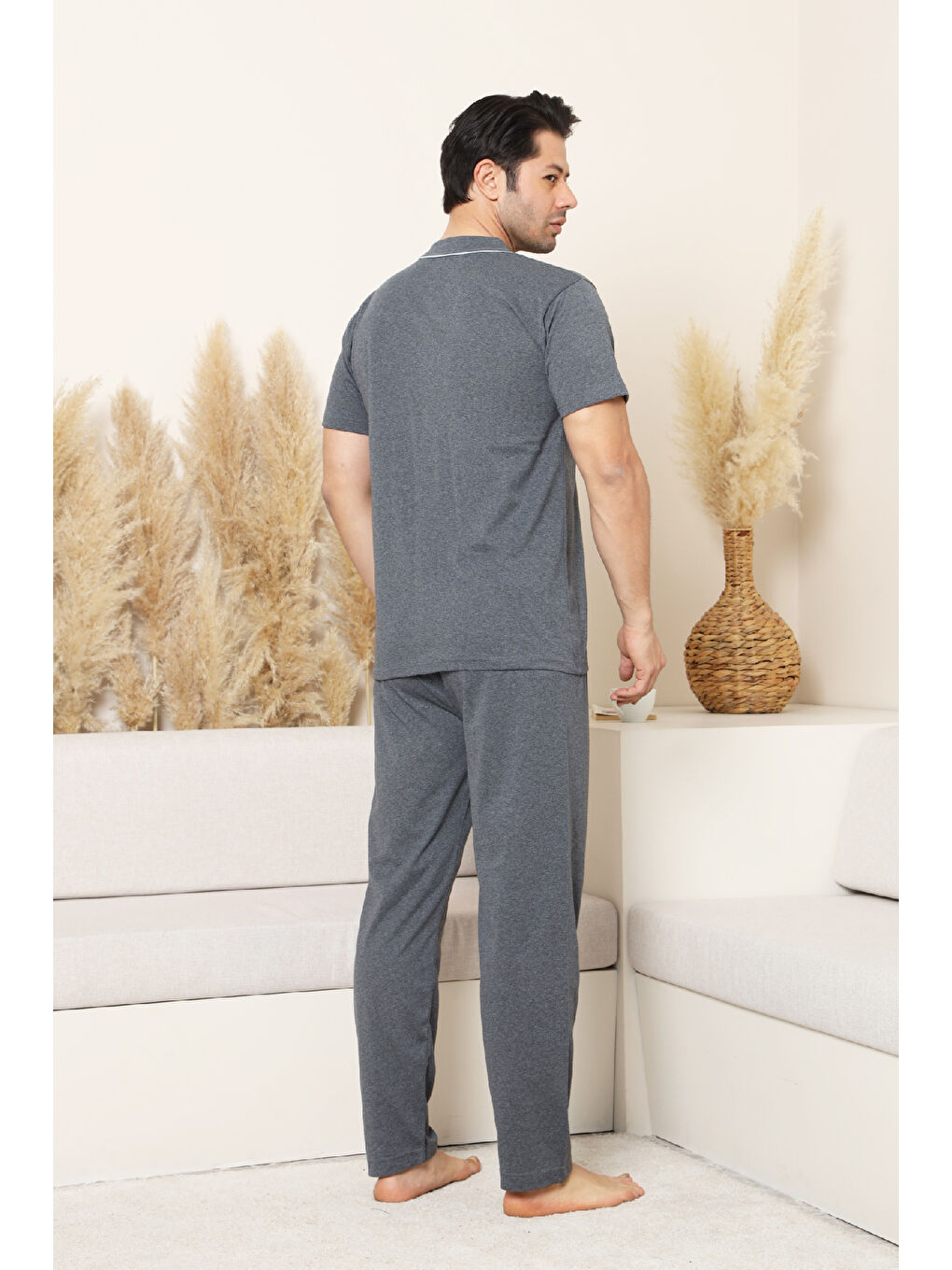Gri Erkek Boydan Düğmeli %100 Pamuklu Pijama Takımı 12385-2