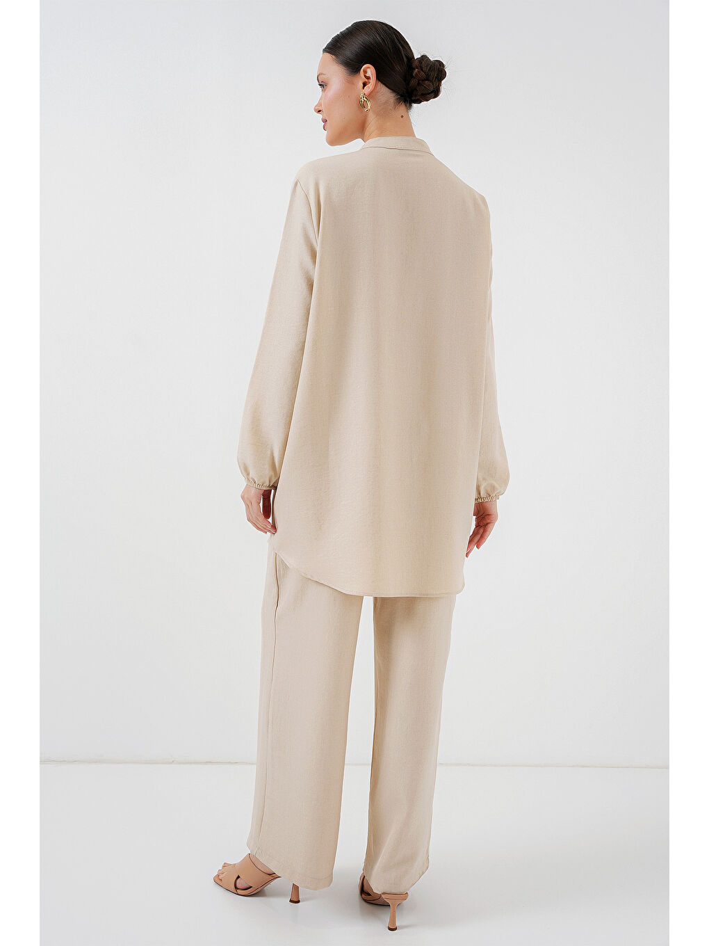 Ekru 6678 Keten Tunik Pantolon İkili Takım - Krem-5