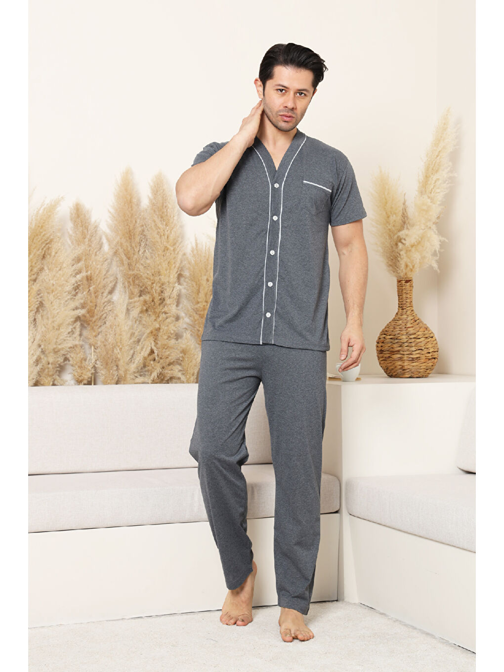Gri Erkek Boydan Düğmeli %100 Pamuklu Pijama Takımı 12385-3