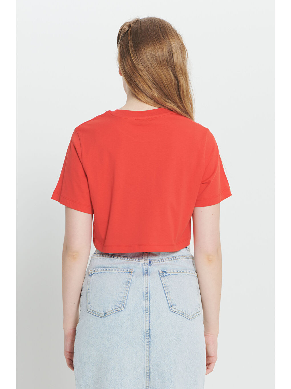 Kırmızı Standart Fit Normal Kesim %100 Pamuk Bisiklet Yaka Crop Tişört-4