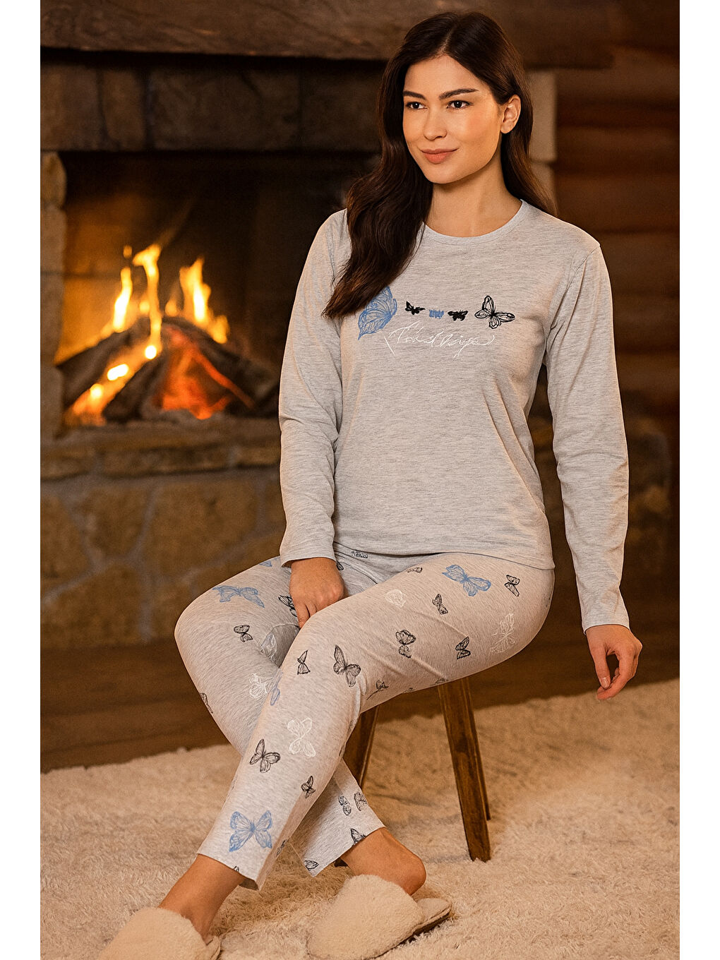 Kadın Kelebek Desen Suprem Pijama Takımı 0457 Bebe Mavi-2