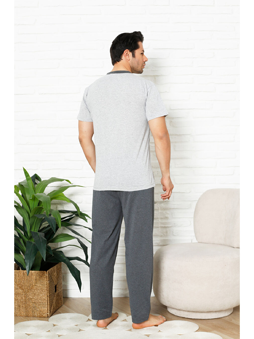 Gri Erkek %100 Pamuklu Pijama Takımı-3 Düğmeli-Yaka Cepli 12384-3