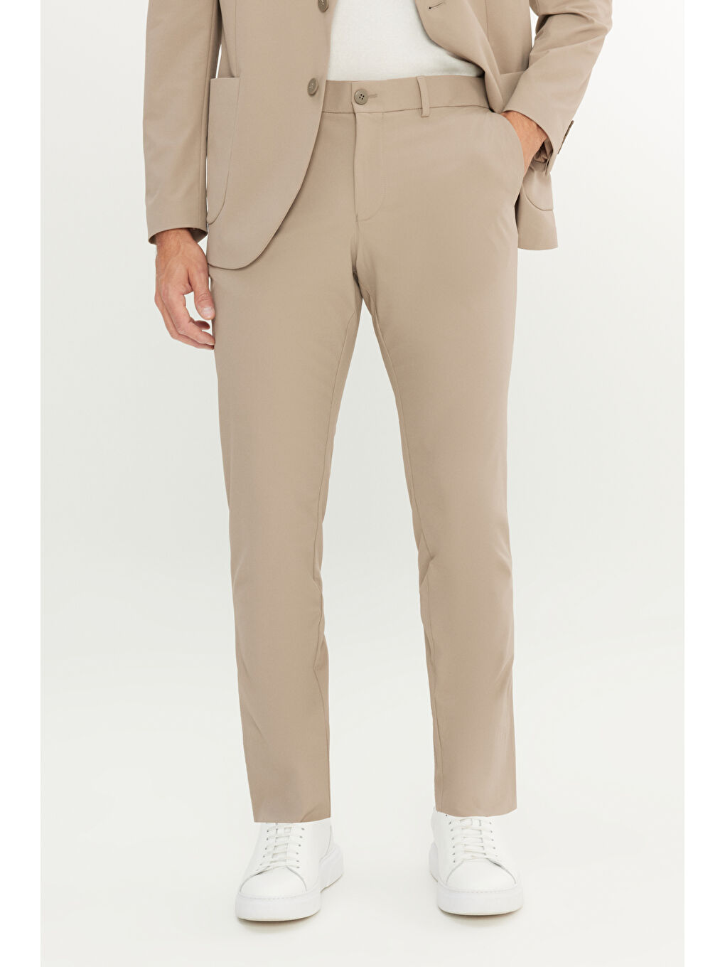 Erkek Bej Slim Fit Dar Kesim Mono Yaka Beli Bağlamalı Kapak Cepli Esnek Takım Elbise-4