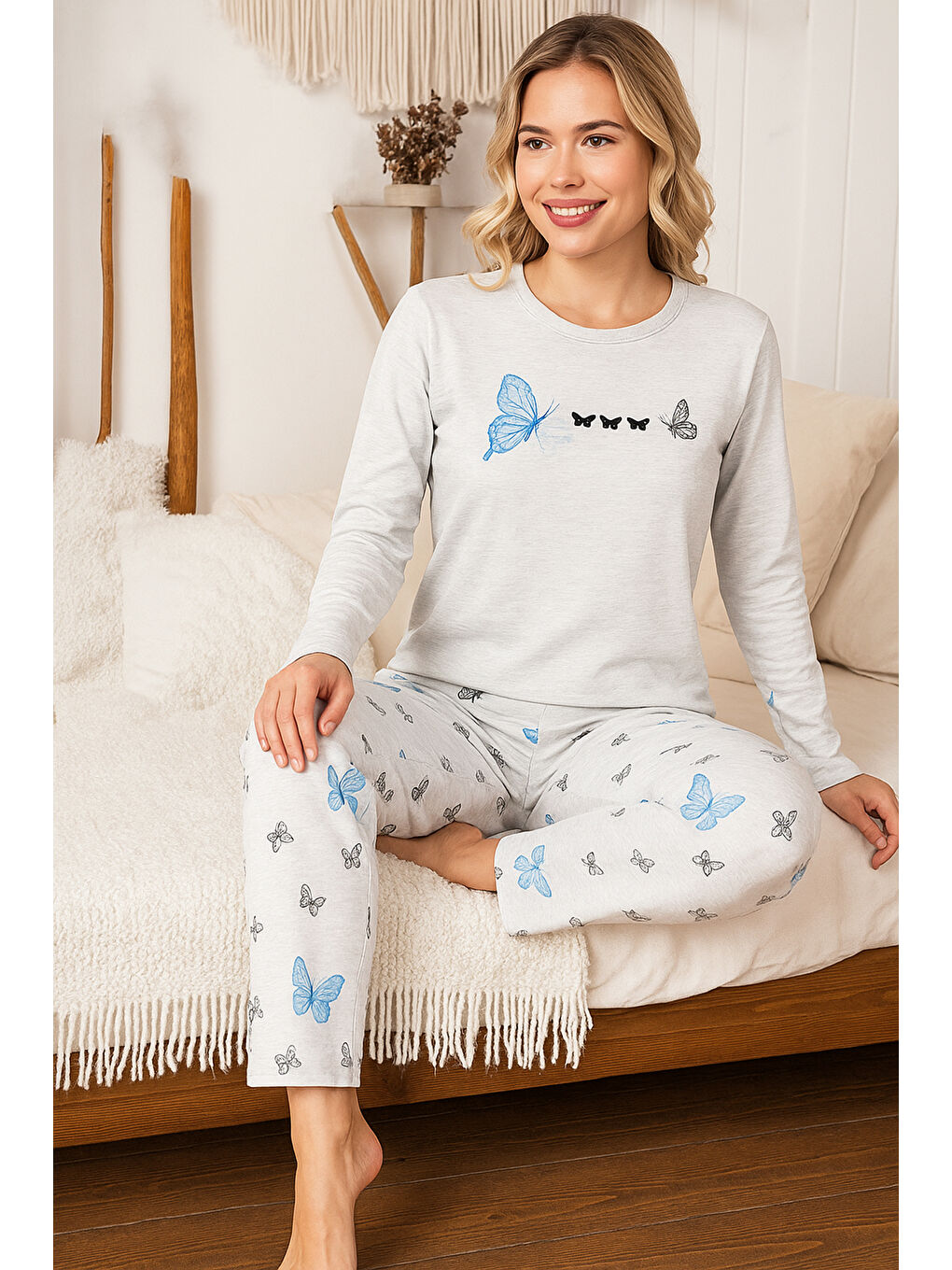 Kadın Kelebek Desen Suprem Pijama Takımı 0457 Bebe Mavi-3