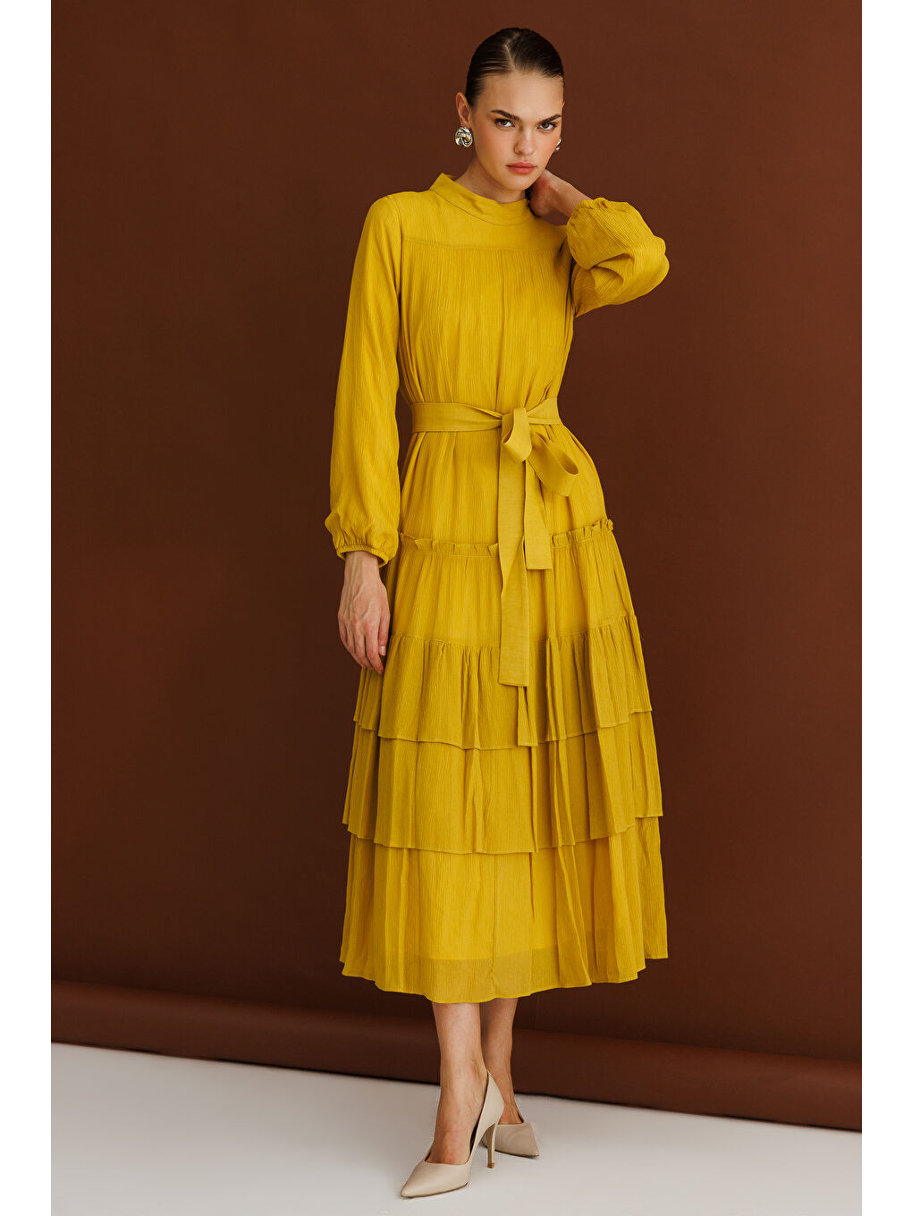 Hardal Kat Pileli Maksi Koyu Sarı Elbise-3