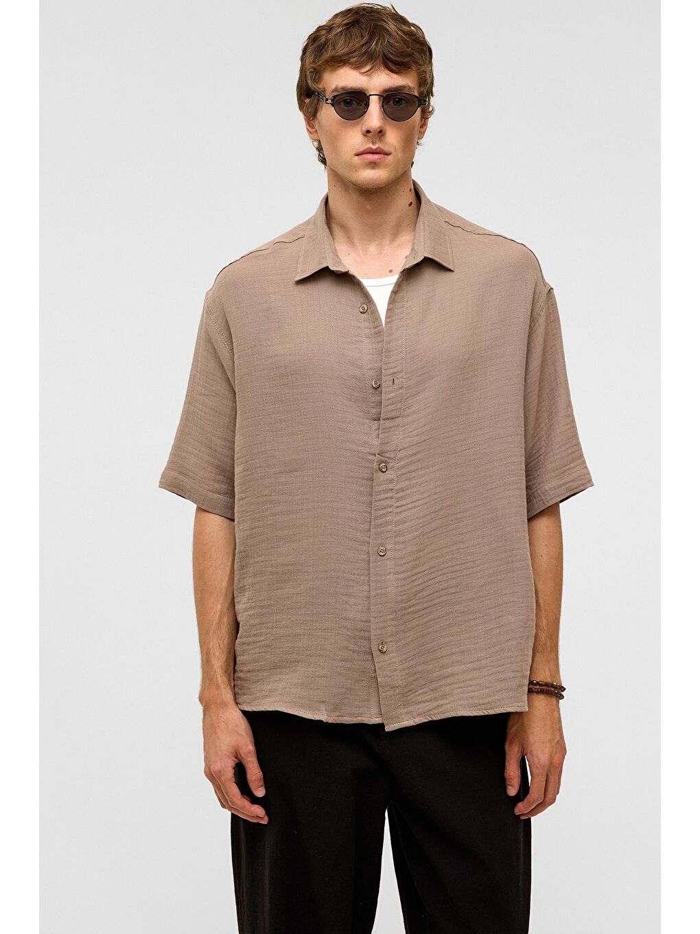 Oversize Kısa Kollu Müslin Kumaş Gömlek Bej-2